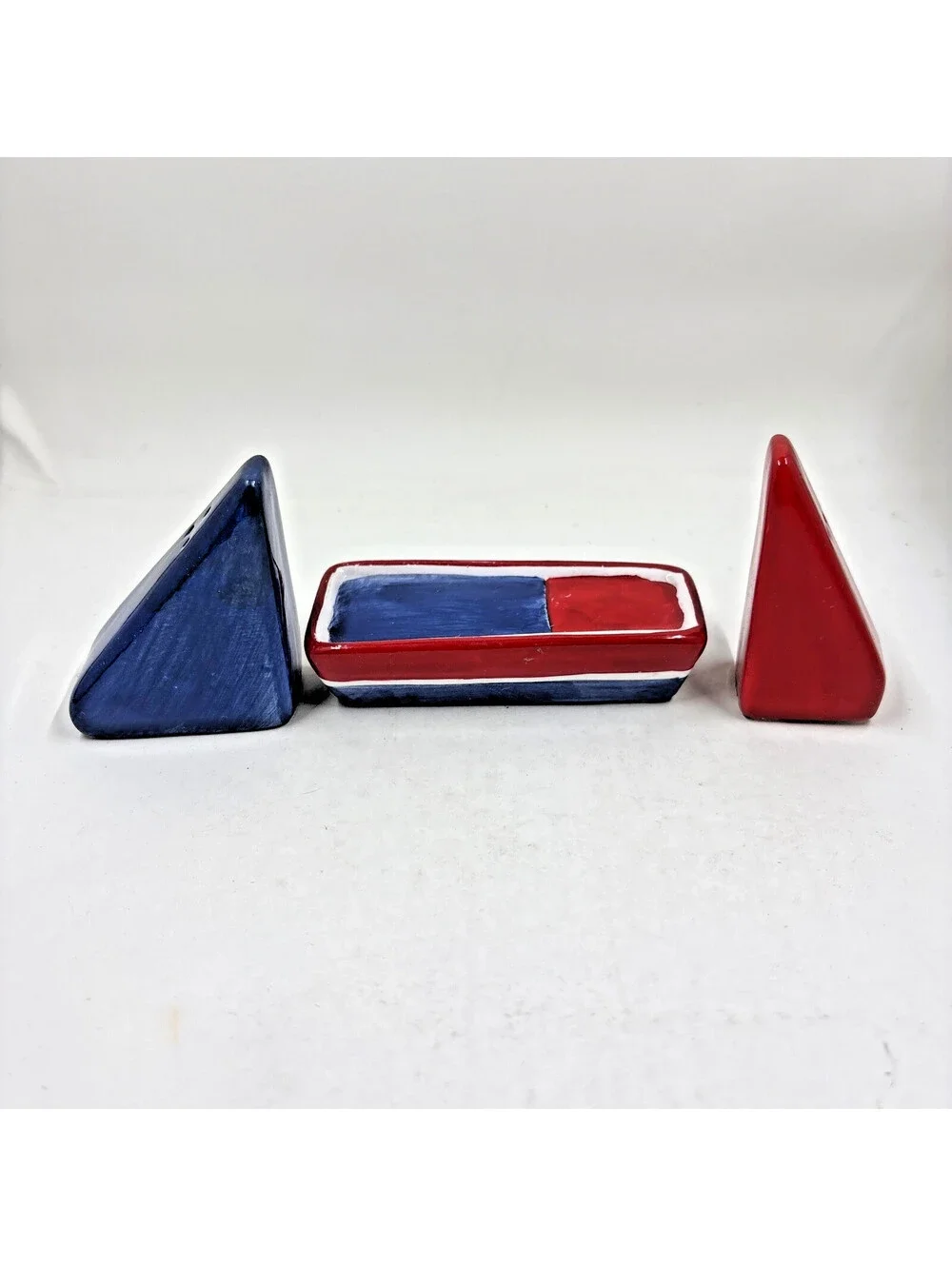 Vintage Sail Boat Salt Pepper Shaker Nautical Red White Blue Beach Picnic
